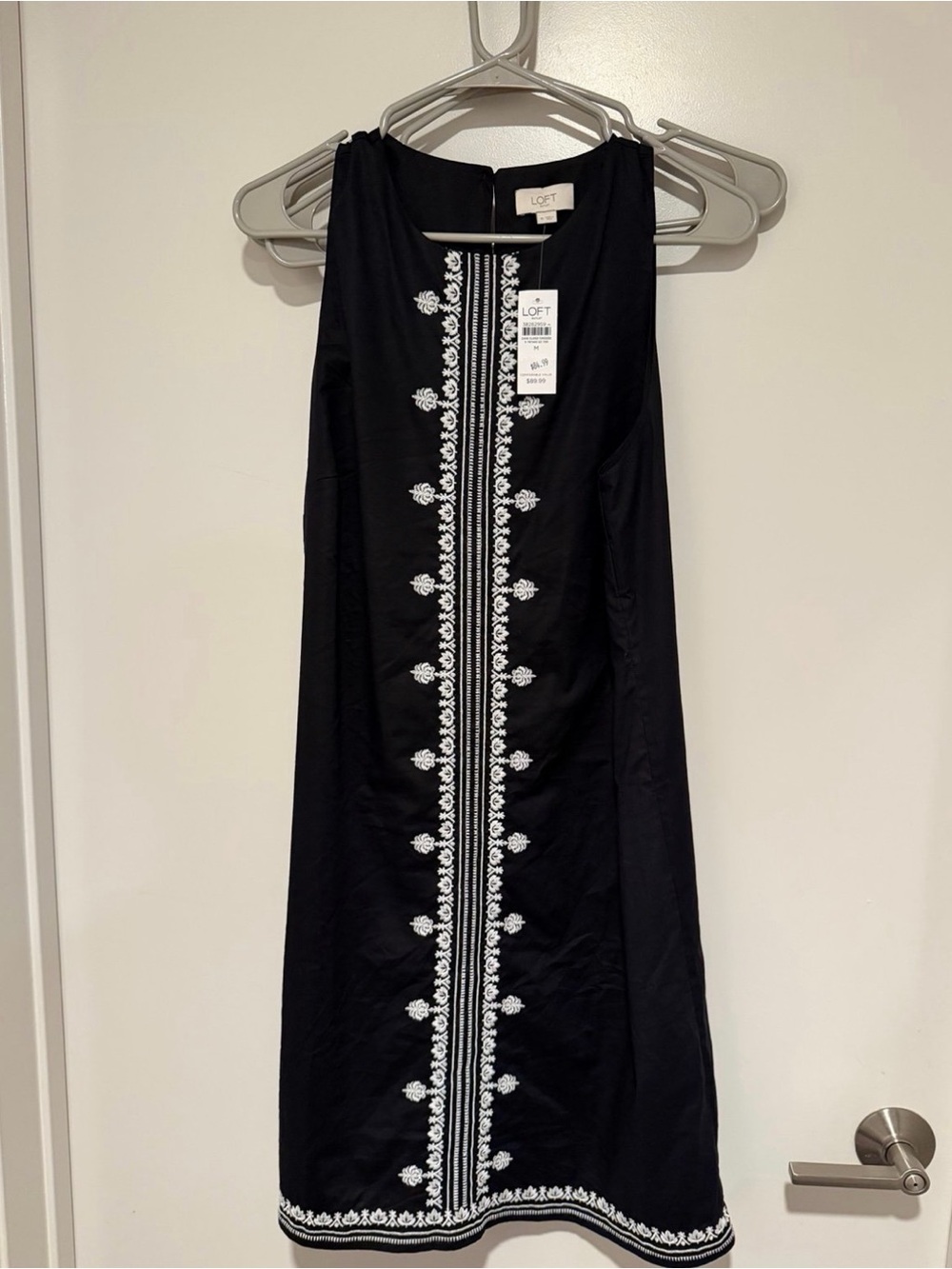 LOFT Black Shift Dress with White Center Embroidery